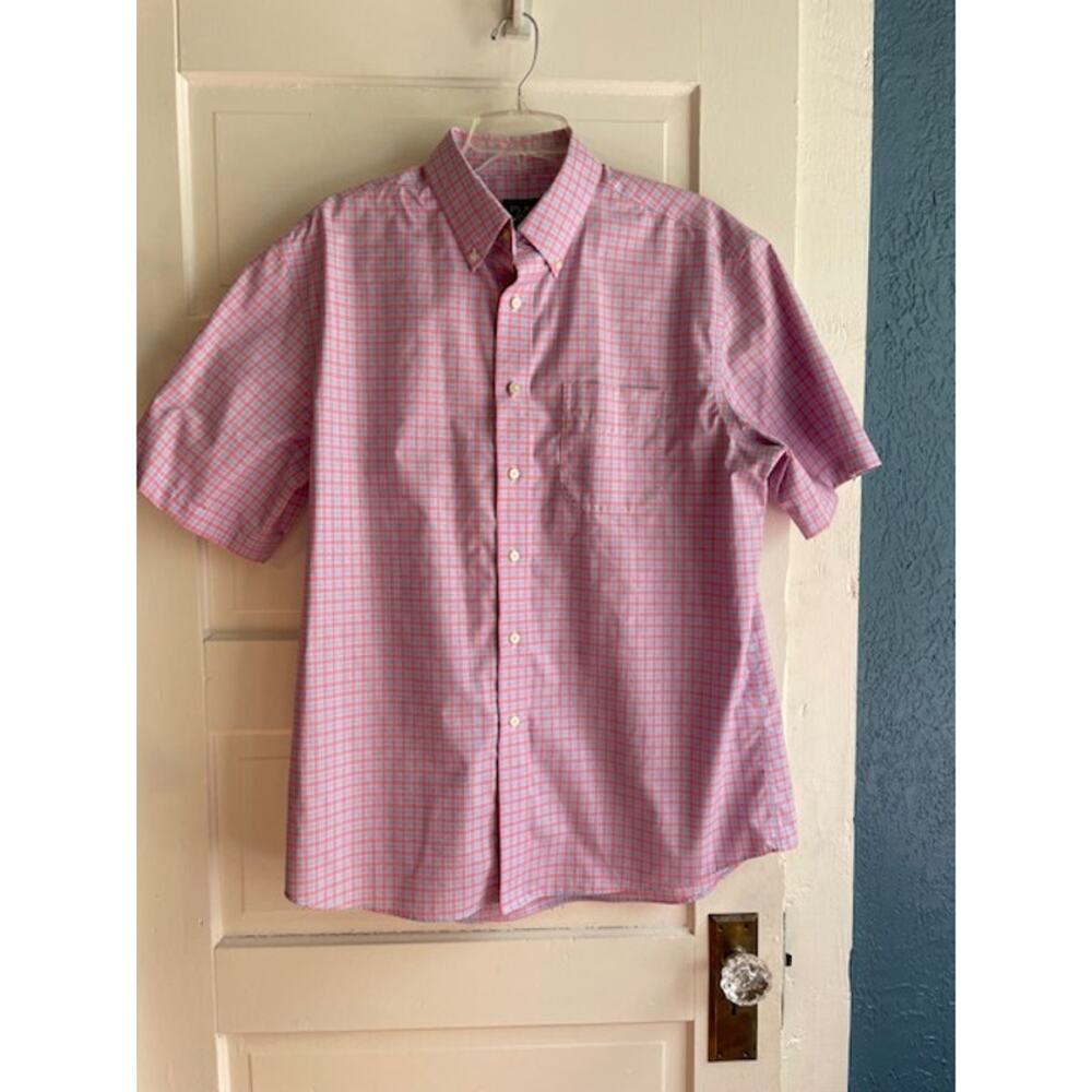 Jos. A. Size Large Short Sleeve Button Front‎ Pink & Blue Plaid Shirt